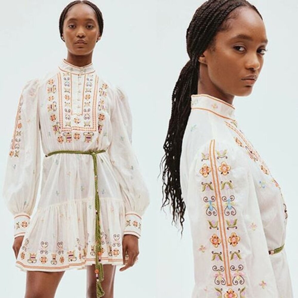 NWT Alemais Lovella Embroidered Cotton Blouson Sleeves White Tie Mini Dress